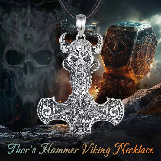 925 Sterling Silver Norse Viking Thor's Hammer skull Rune Necklace