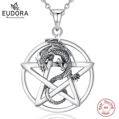 Eudora Original 925 Sterling Silver Pentagram Dragon Necklace