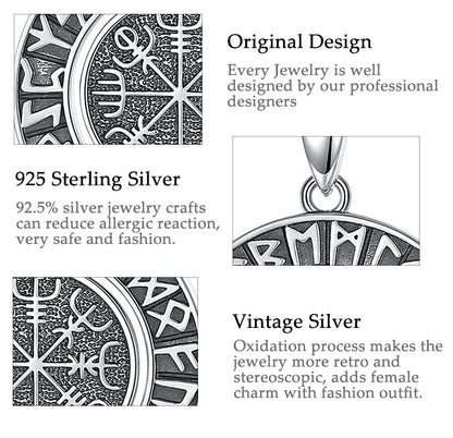 Eudora 925 Sterling Silver Viking Runes Pendant with Vegvísir