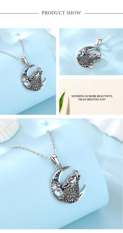 Eudora 925 Sterling Silver Wolf on the Moon Necklace