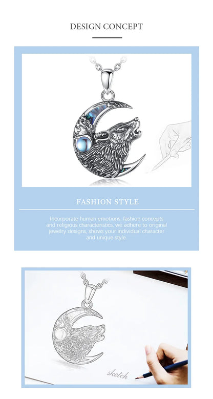 Eudora 925 Sterling Silver Wolf on the Moon Necklace