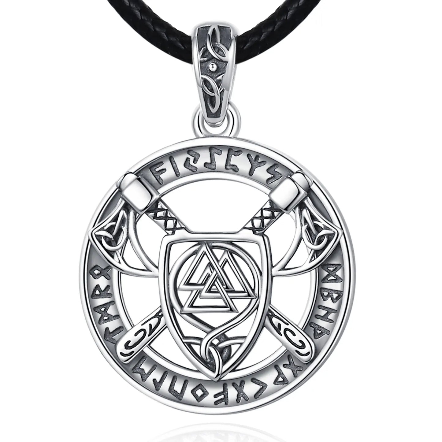 Eudora 925 Sterling Silver Nordic Viking Walknut Pendant with runes and axes