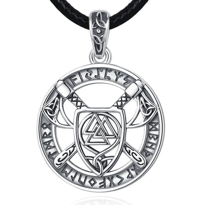 Eudora 925 Sterling Silver Nordic Viking Walknut Pendant with runes and axes