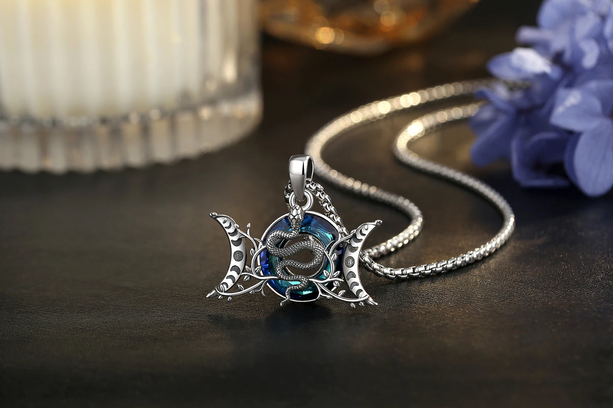 Eudora 925 Sterling Silver Triple Moon Goddess Snake Necklace with Austrian Crystal