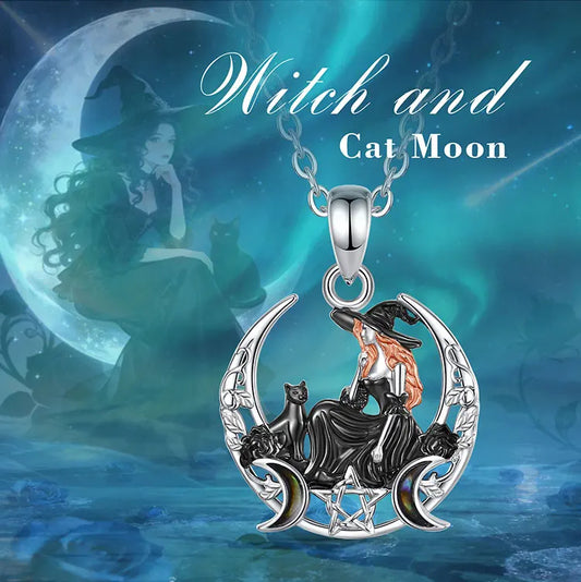 Eudora 925 Sterling Silver Crescent Moon Witch Black Cat Necklace