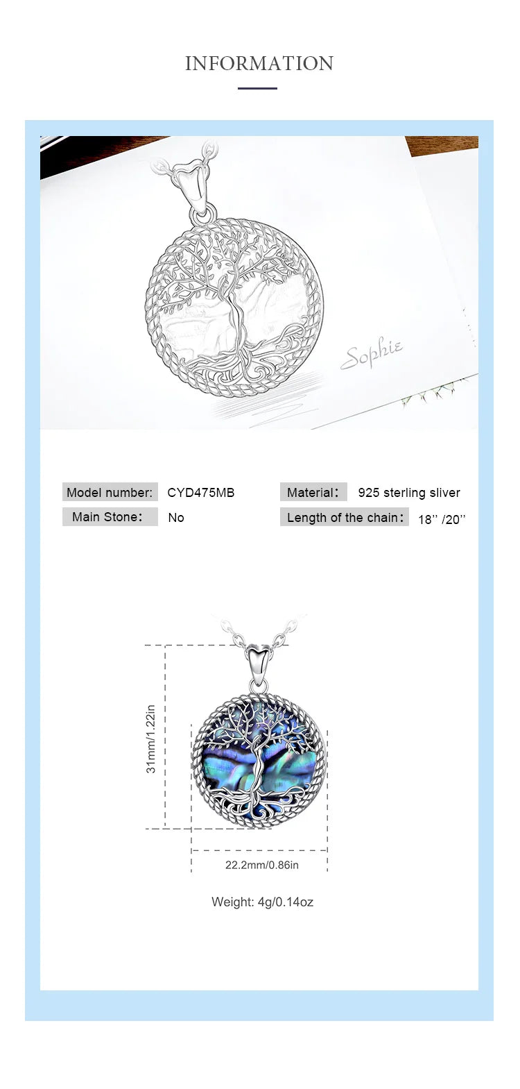 EUDORA 925 Sterling Silver Tree of Life Pendant