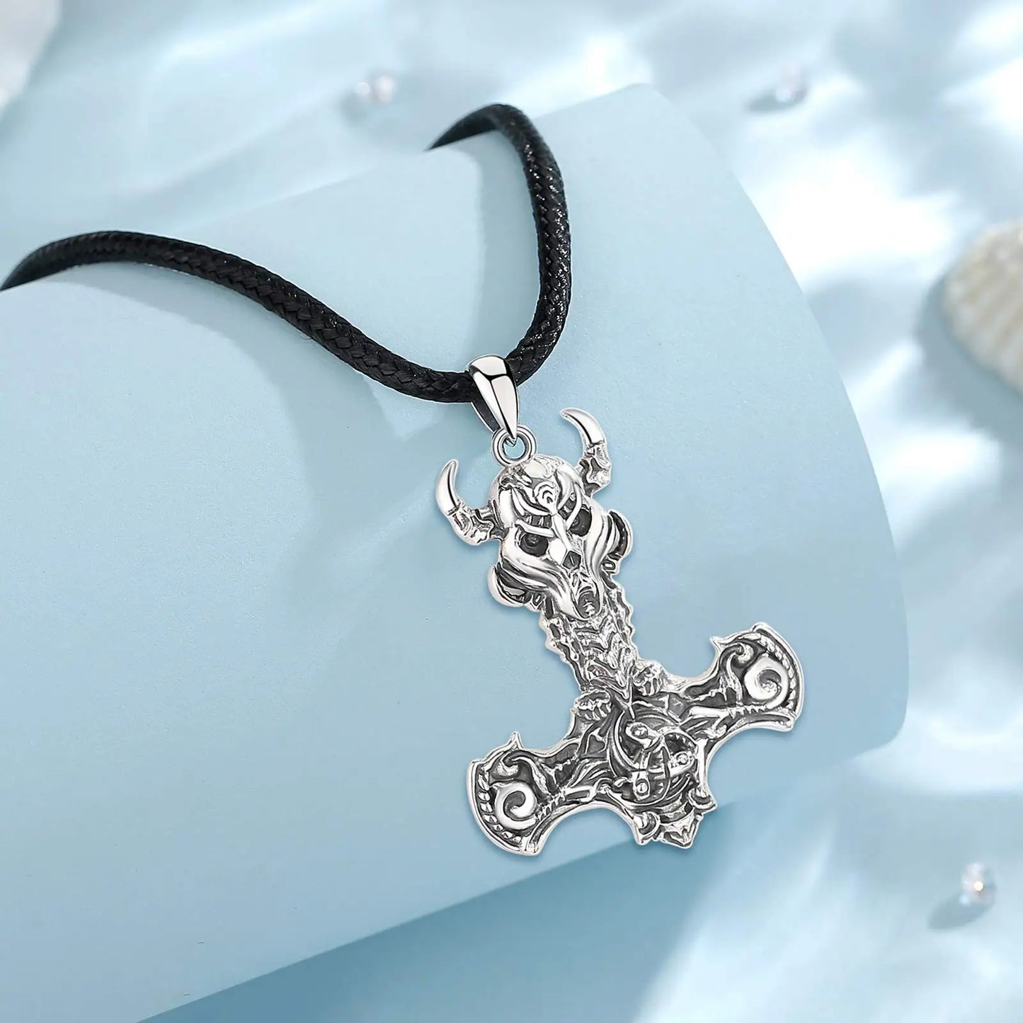 925 Sterling Silver Norse Viking Thor's Hammer skull Rune Necklace