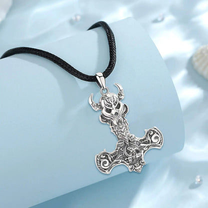 925 Sterling Silver Norse Viking Thor's Hammer skull Rune Necklace