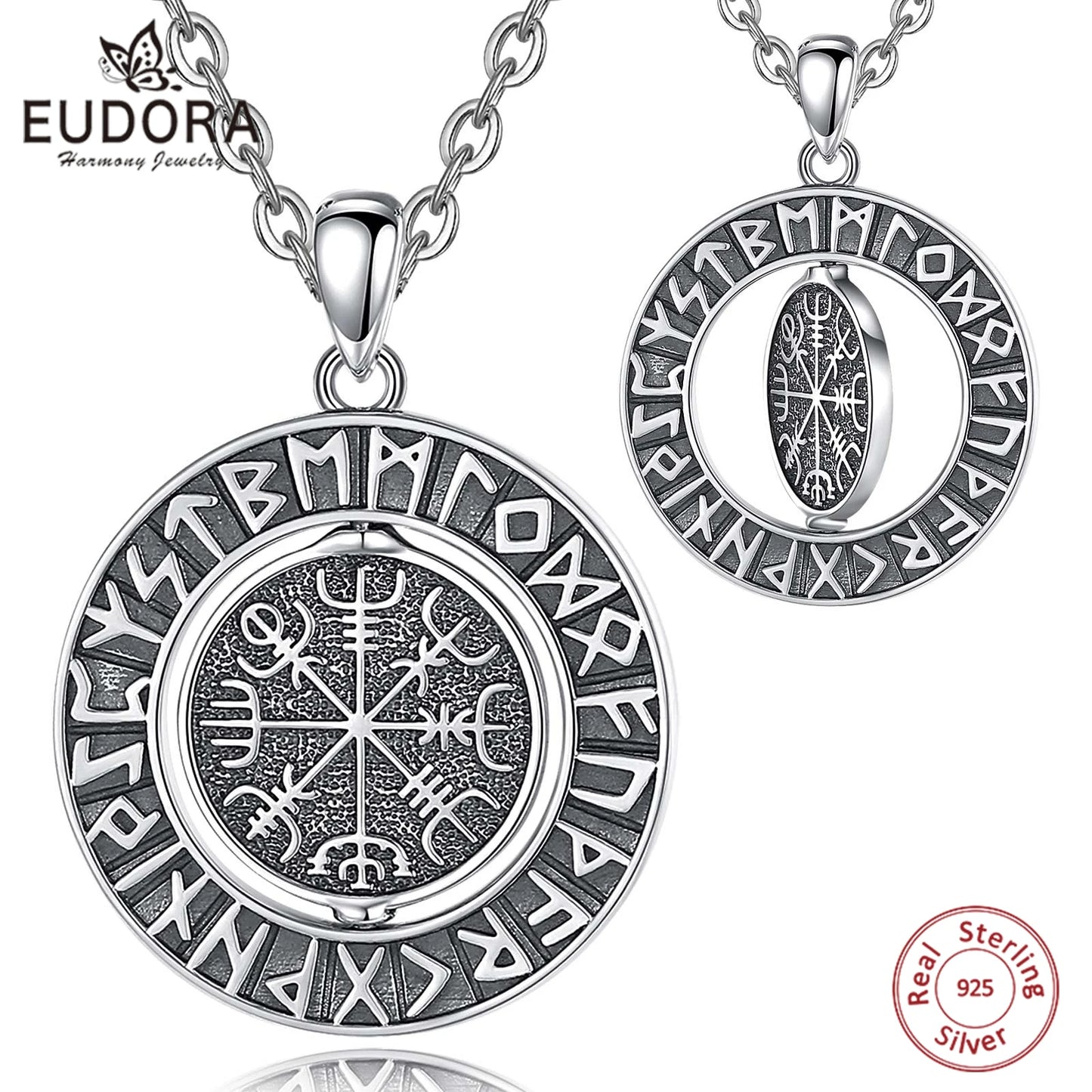 Eudora 925 Sterling Silver Viking Runes Pendant with Vegvísir