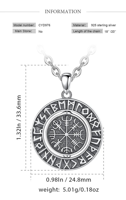 Eudora 925 Sterling Silver Viking Runes Pendant with Vegvísir