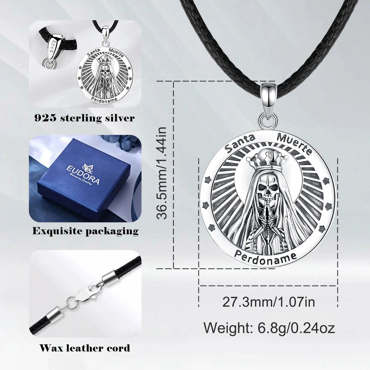 Eudora 925 Sterling Silver Santa Muerte Necklace