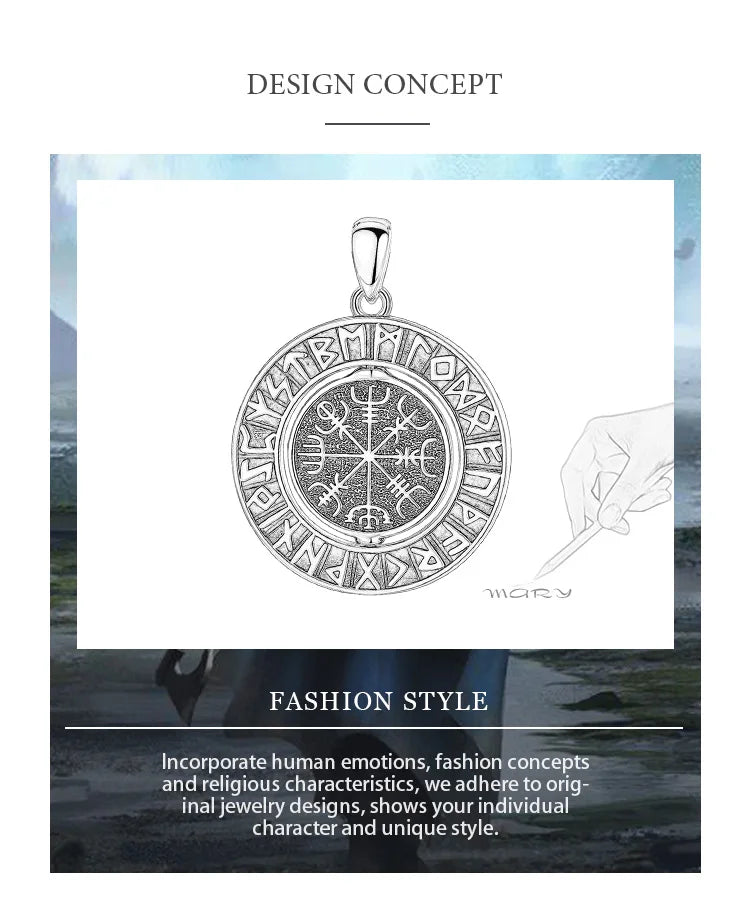 Eudora 925 Sterling Silver Viking Runes Pendant with Vegvísir