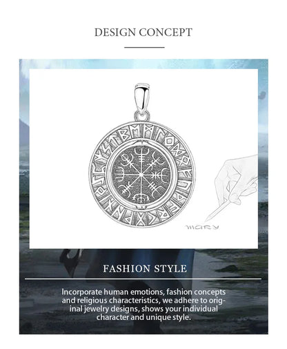 Eudora 925 Sterling Silver Viking Runes Pendant with Vegvísir