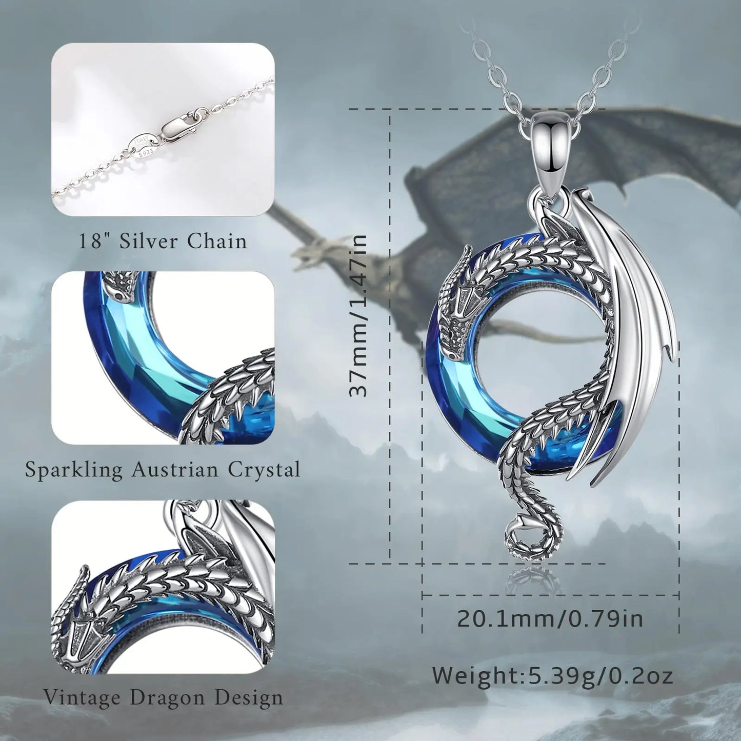 Eudora Real 925 Sterling Silver Dragon Neckalce