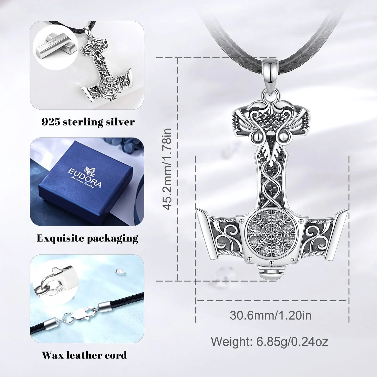 Eudora 925 Sterling Silver Norse Viking Thor's Hammer Necklace