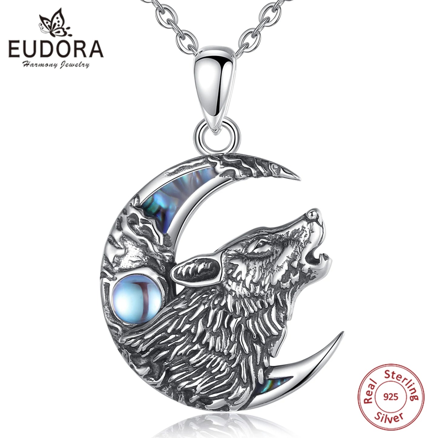 Eudora 925 Sterling Silver Wolf on the Moon Necklace