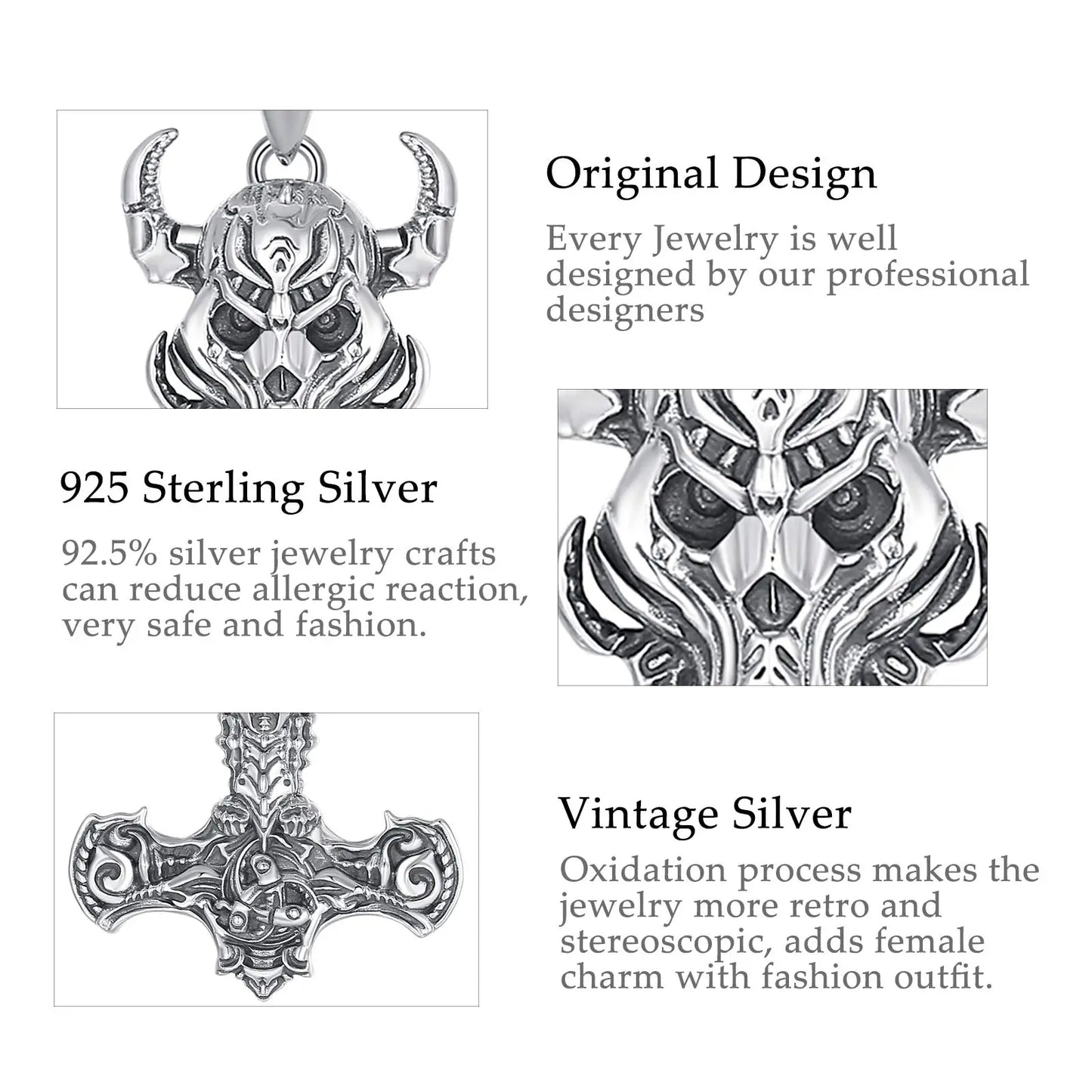 925 Sterling Silver Norse Viking Thor's Hammer skull Rune Necklace