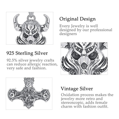 925 Sterling Silver Norse Viking Thor's Hammer skull Rune Necklace