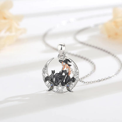 Eudora 925 Sterling Silver Crescent Moon Witch Black Cat Necklace