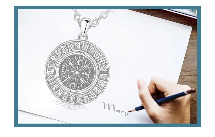 Eudora 925 Sterling Silver Viking Runes Pendant with Vegvísir