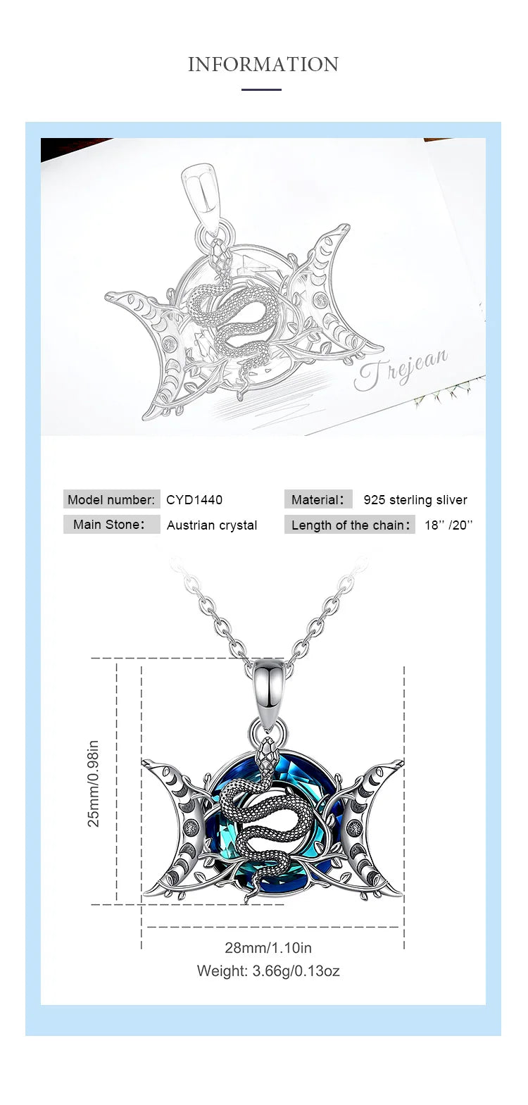 Eudora 925 Sterling Silver Triple Moon Goddess Snake Necklace with Austrian Crystal