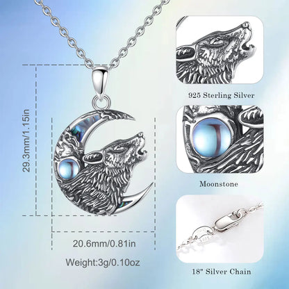 Eudora 925 Sterling Silver Wolf on the Moon Necklace
