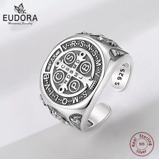 925 Sterling Silver Saint Benedict Adjustable Ring