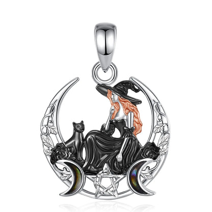 Eudora 925 Sterling Silver Crescent Moon Witch Black Cat Necklace