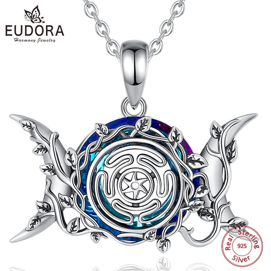 Eudora 925 Sterling Silver Hecate Wheel Necklace for Women Man Austrian Crystal Triple Moon Goddess