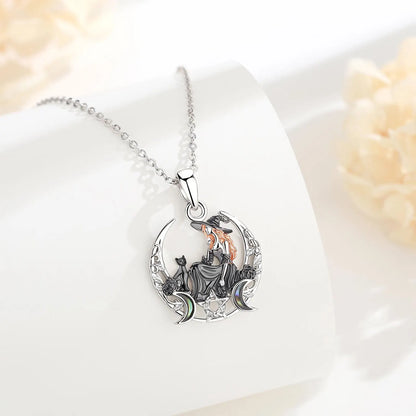 Eudora 925 Sterling Silver Crescent Moon Witch Black Cat Necklace