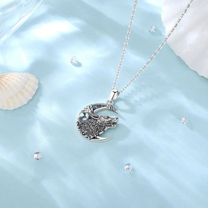 Eudora 925 Sterling Silver Wolf on the Moon Necklace