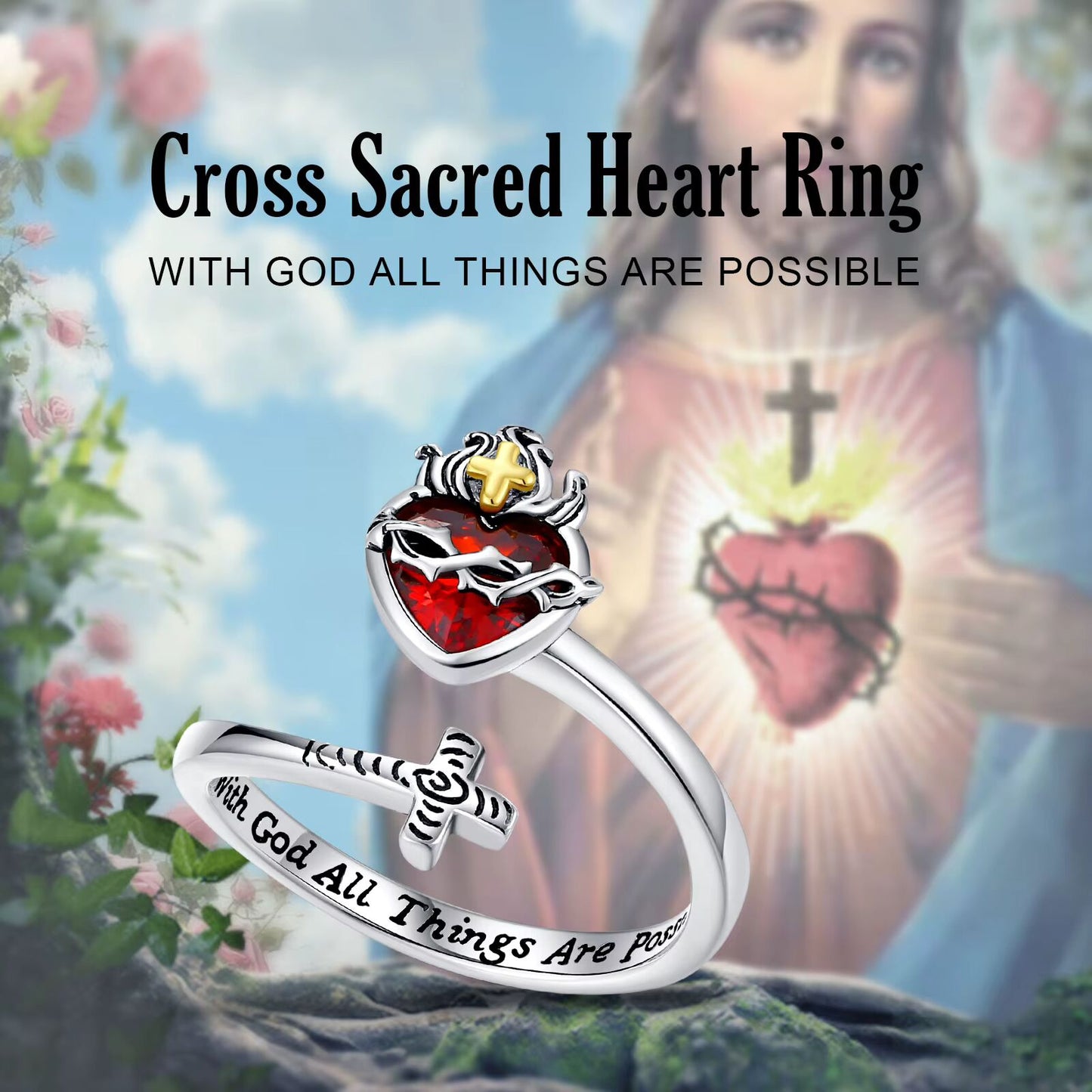 Eudora 925 Sterling Silver Sacred Heart of Jesus Adjustable Ring