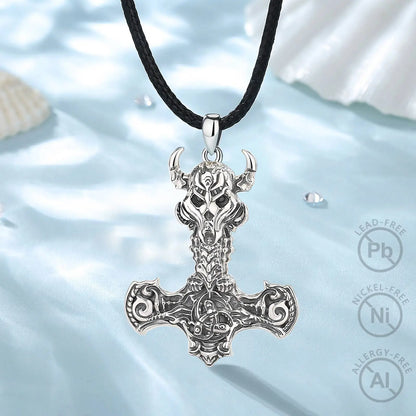 925 Sterling Silver Norse Viking Thor's Hammer skull Rune Necklace