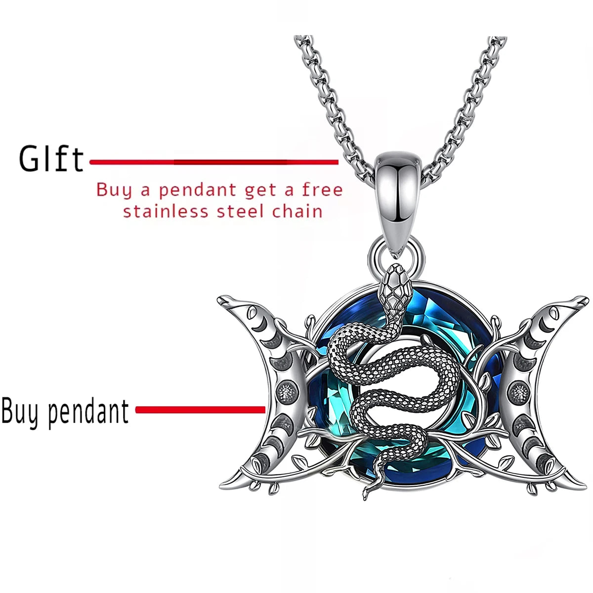 Eudora 925 Sterling Silver Triple Moon Goddess Snake Necklace with Austrian Crystal