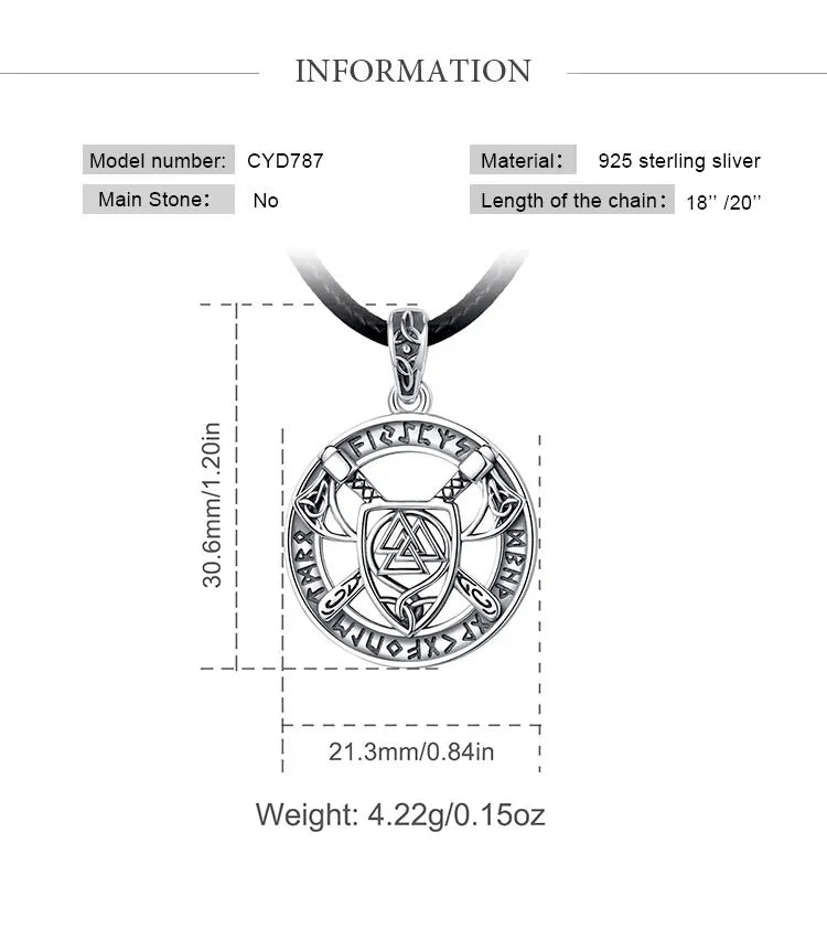 Eudora 925 Sterling Silver Nordic Viking Walknut Pendant with runes and axes