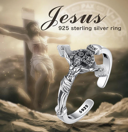 Eudora 925 Sterling Silver Jesus on cross  Adjustable Ring