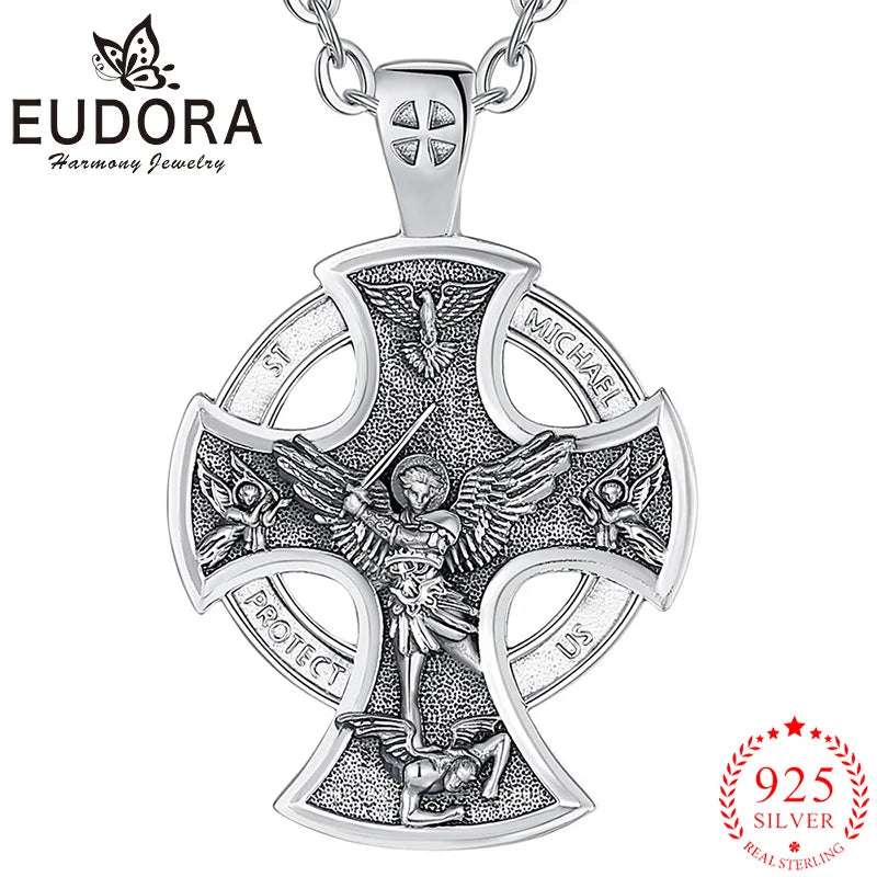 925 Sterling Silver Saint Michael Necklace Cross Amulet Pendant