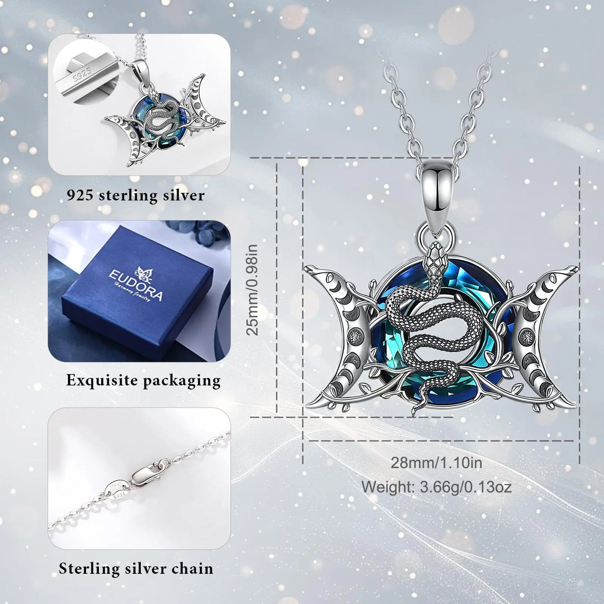 Eudora 925 Sterling Silver Triple Moon Goddess Snake Necklace with Austrian Crystal