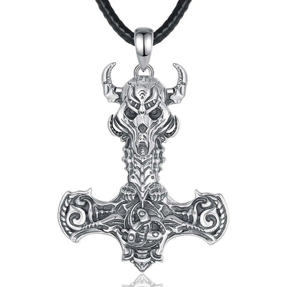 925 Sterling Silver Norse Viking Thor's Hammer skull Rune Necklace