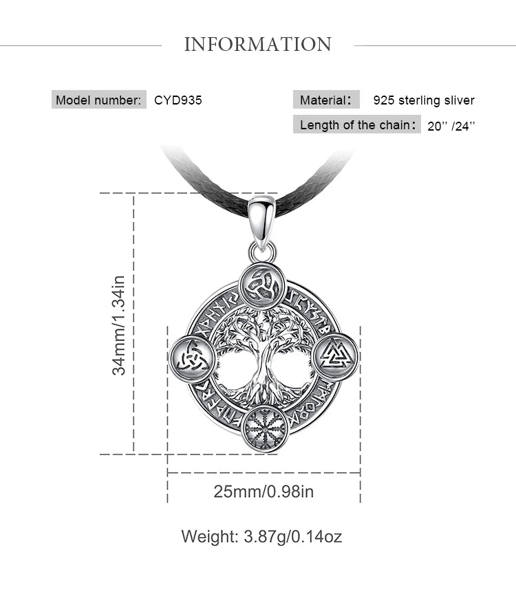 Eudora 925 Sterling Silver Tree of Life Yggdrasil Necklace  with Runes