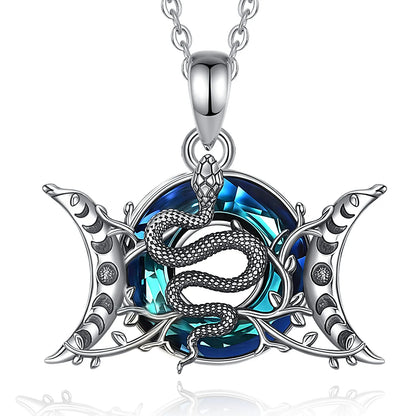 Eudora 925 Sterling Silver Triple Moon Goddess Snake Necklace with Austrian Crystal