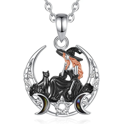 Eudora 925 Sterling Silver Crescent Moon Witch Black Cat Necklace