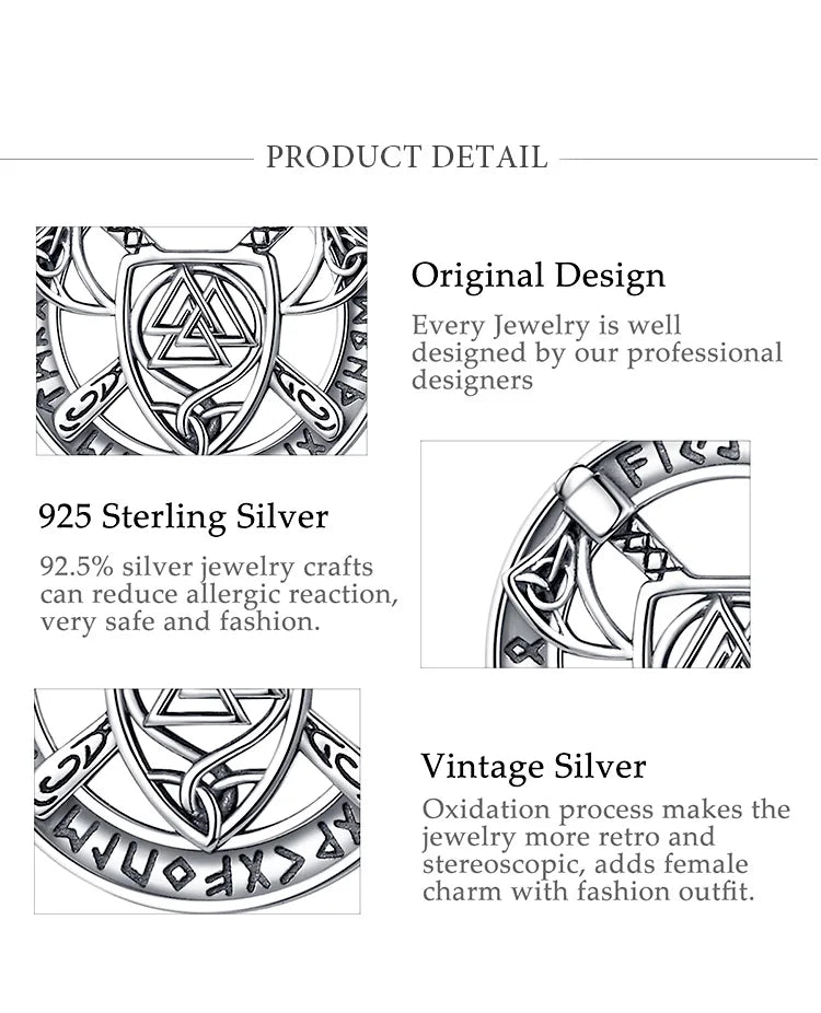 Eudora 925 Sterling Silver Nordic Viking Walknut Pendant with runes and axes