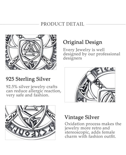 Eudora 925 Sterling Silver Nordic Viking Walknut Pendant with runes and axes