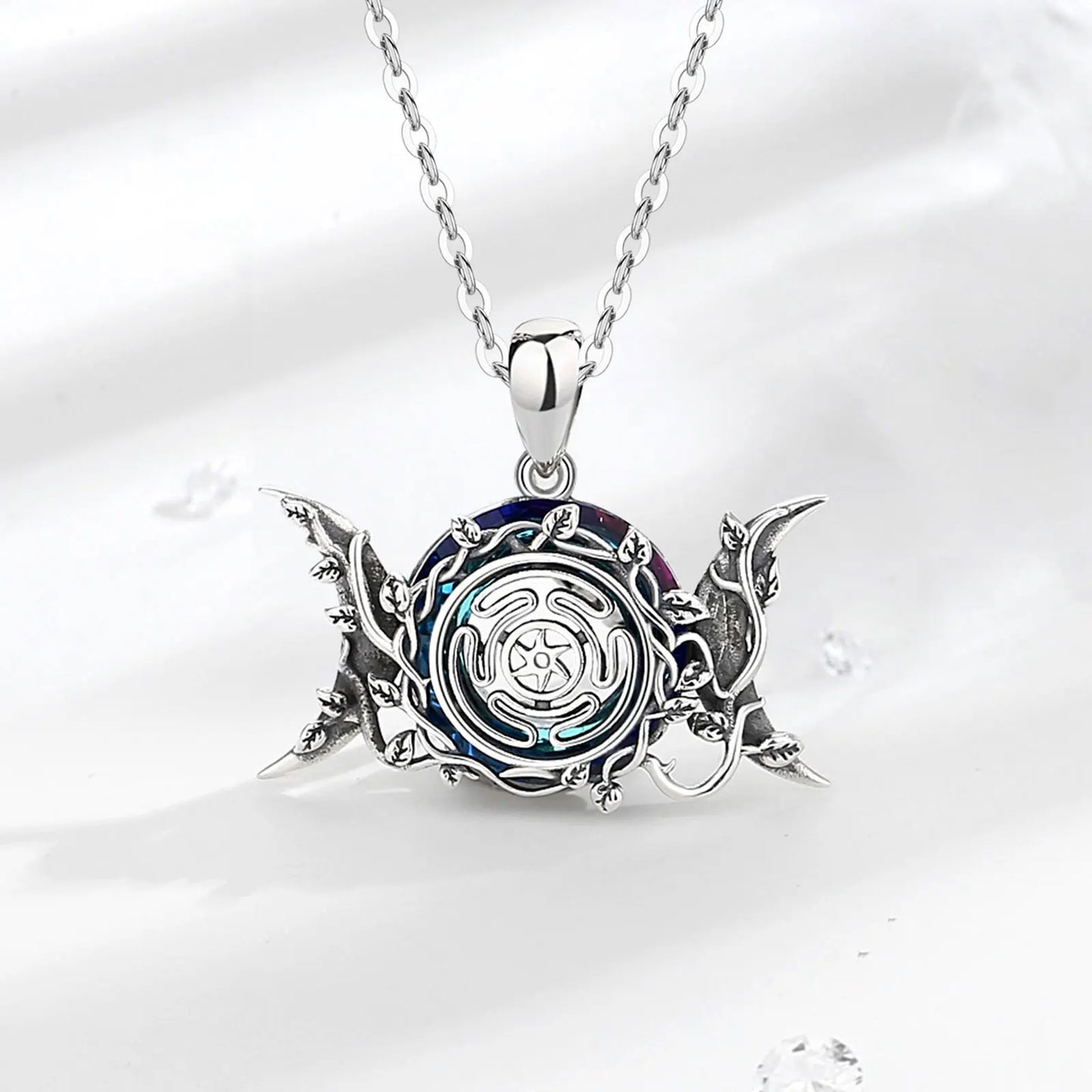 Eudora 925 Sterling Silver Hecate Wheel Necklace for Women Man Austrian Crystal Triple Moon Goddess
