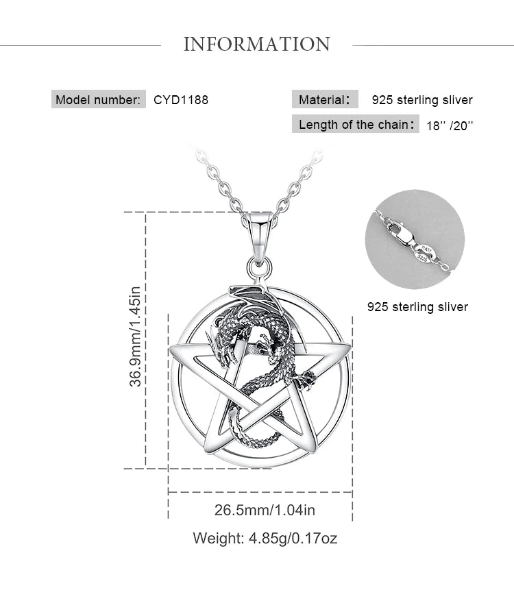 Eudora Original 925 Sterling Silver Pentagram Dragon Necklace