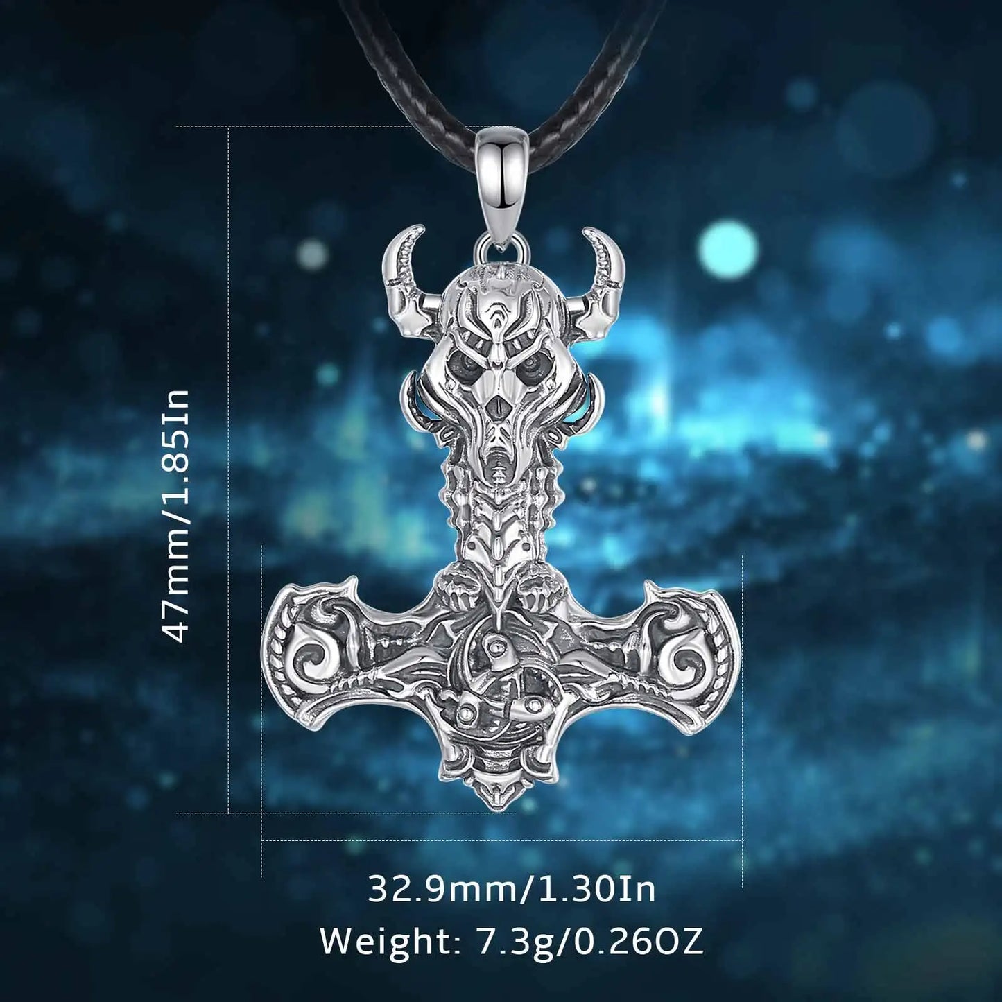 925 Sterling Silver Norse Viking Thor's Hammer skull Rune Necklace