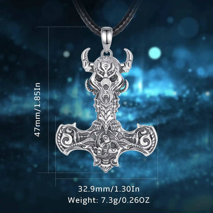 925 Sterling Silver Norse Viking Thor's Hammer skull Rune Necklace
