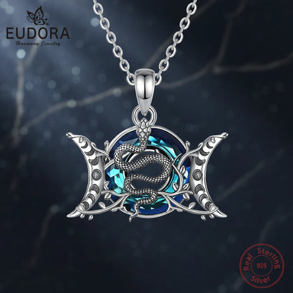Eudora 925 Sterling Silver Triple Moon Goddess Snake Necklace with Austrian Crystal