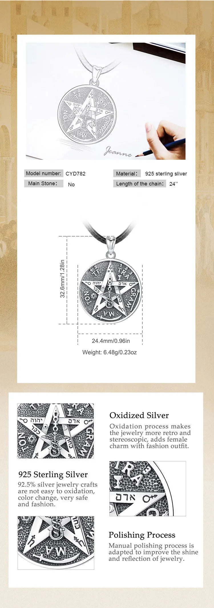 EUDORA 925 Sterling Silver Pentagram Runes Necklaces